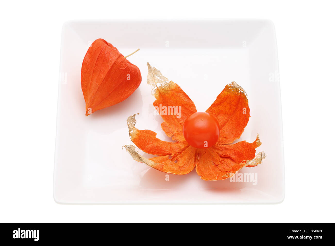 Vista ingrandita di arancia fresca alkekengi physalis (le lanterne cinesi) Foto Stock