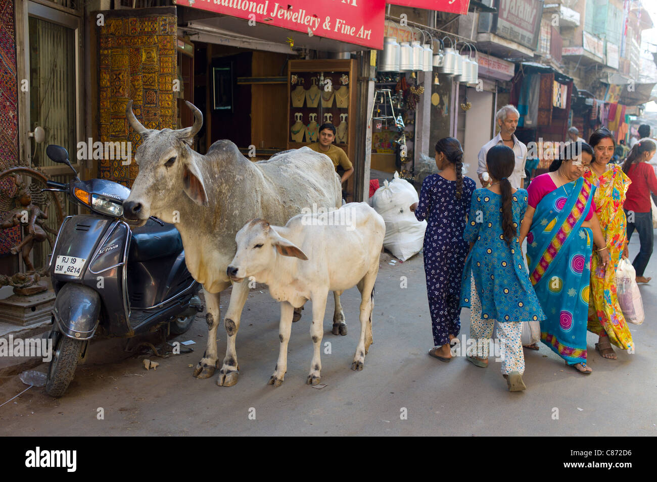 La strada affollata scena persone, vacche, il traffico a Sardar Mercato a Girdikot, Jodhpur, Rajasthan, India settentrionale Foto Stock