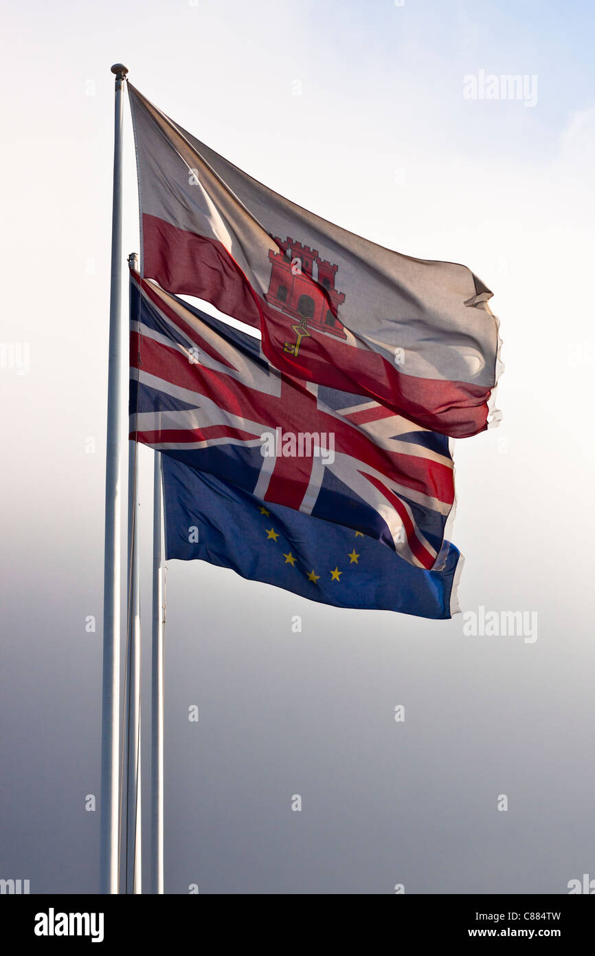 Bandiera di Gibilterra, Gran Bretagna e Unione europea. Foto Stock