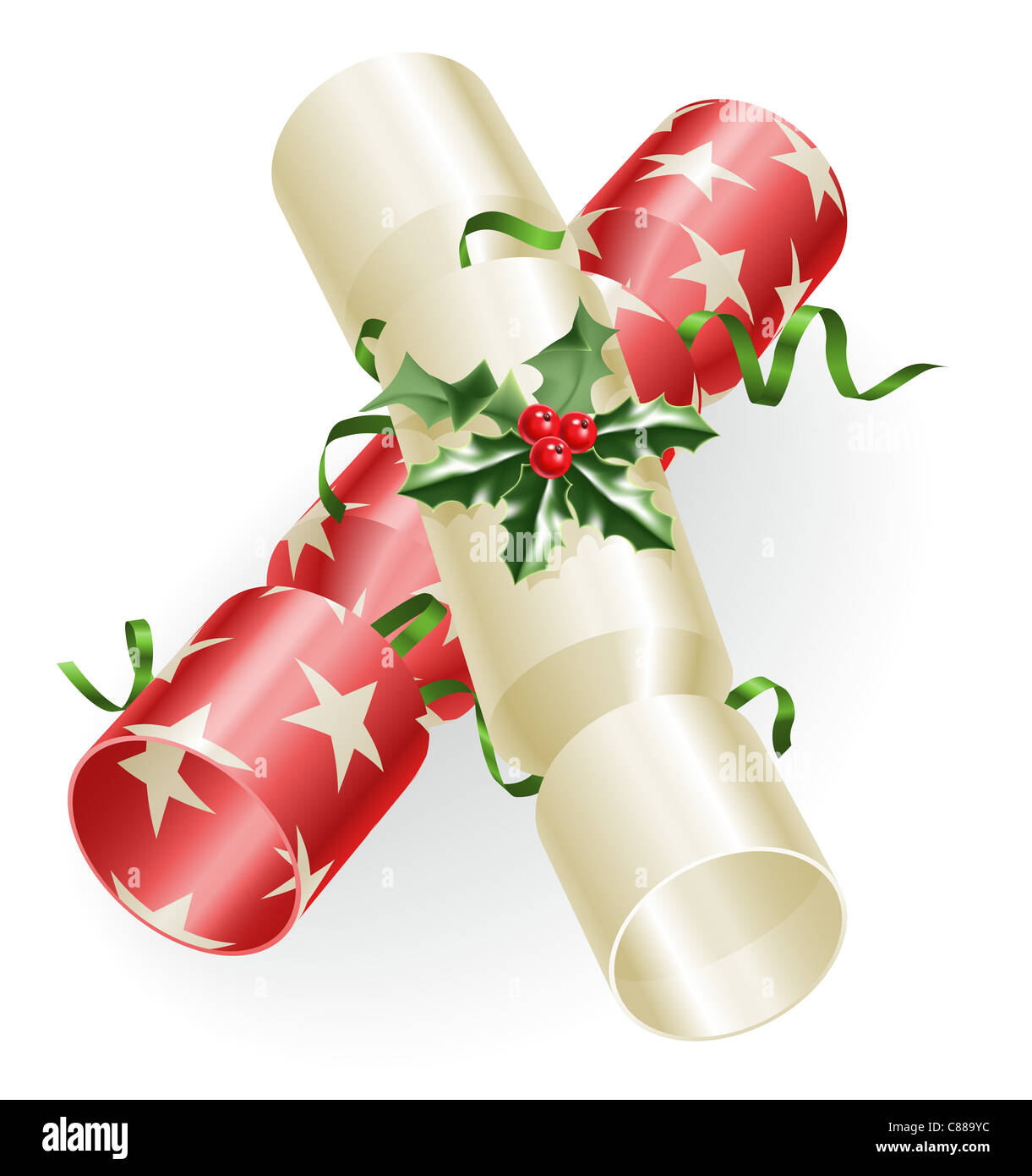 Una illustrazione di Christmas Cracker con agrifoglio e nastri Foto Stock