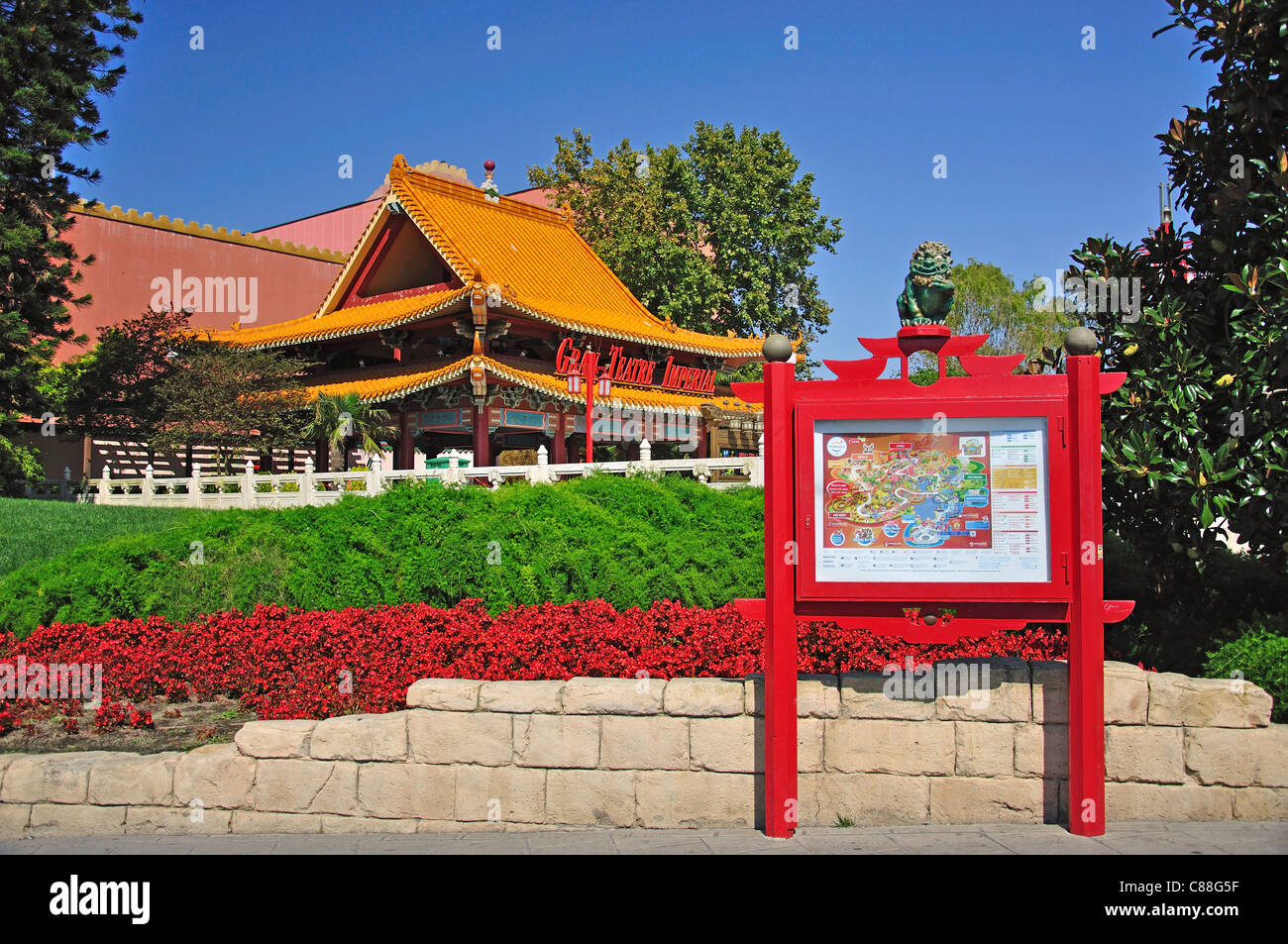 Gran Teatre imperiale, Cina, area del parco a tema PortAventura, Salou, Costa Daurada, provincia di Tarragona Catalogna Foto Stock
