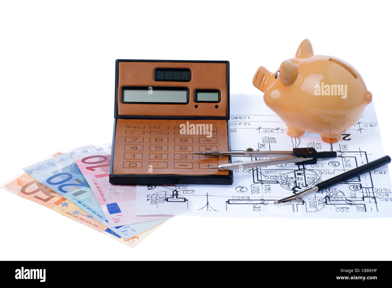 Calcolatrice marrone, bussola, progetto salvadanaio e euromoney, Bill Foto Stock
