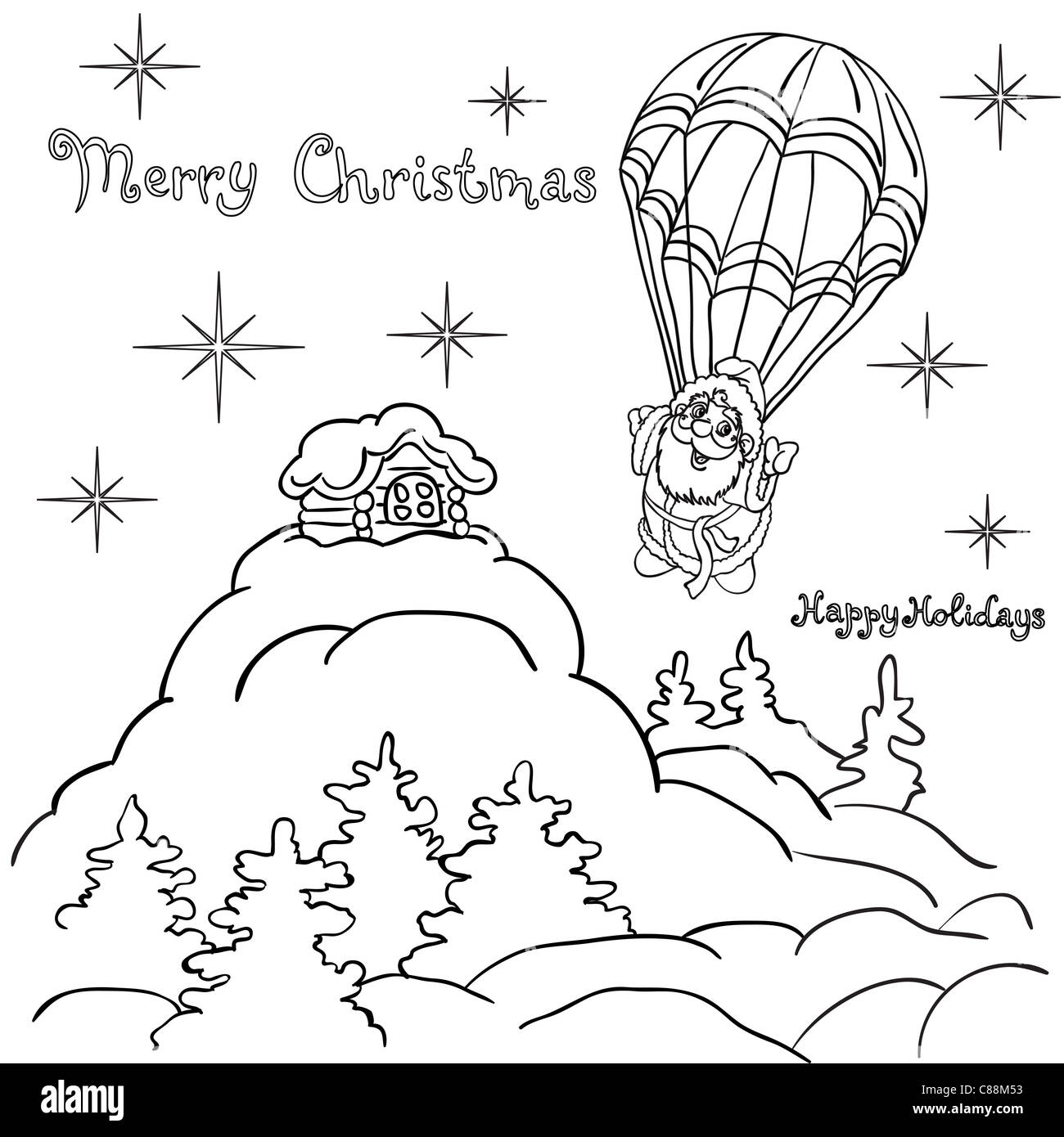 Allegro Babbo Natale scende dal cielo su un paracadute. Illustrazione di natale. Foto Stock
