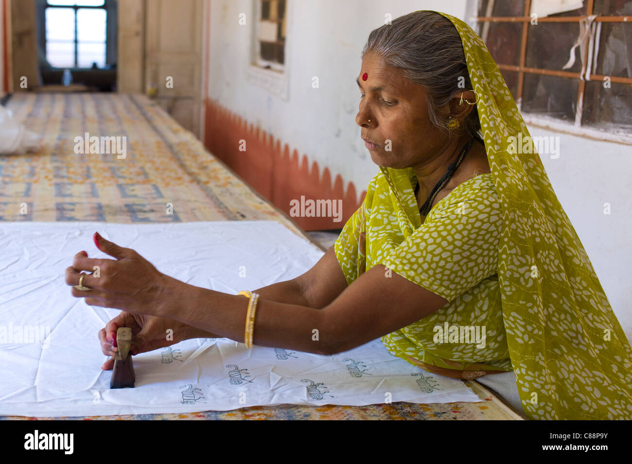 Donna indiana stampaggio tessuti a Dastkar dell'artigianato femminile co-operativa, il Ranthambore artigianale di progetto, nel Rajasthan, India Foto Stock