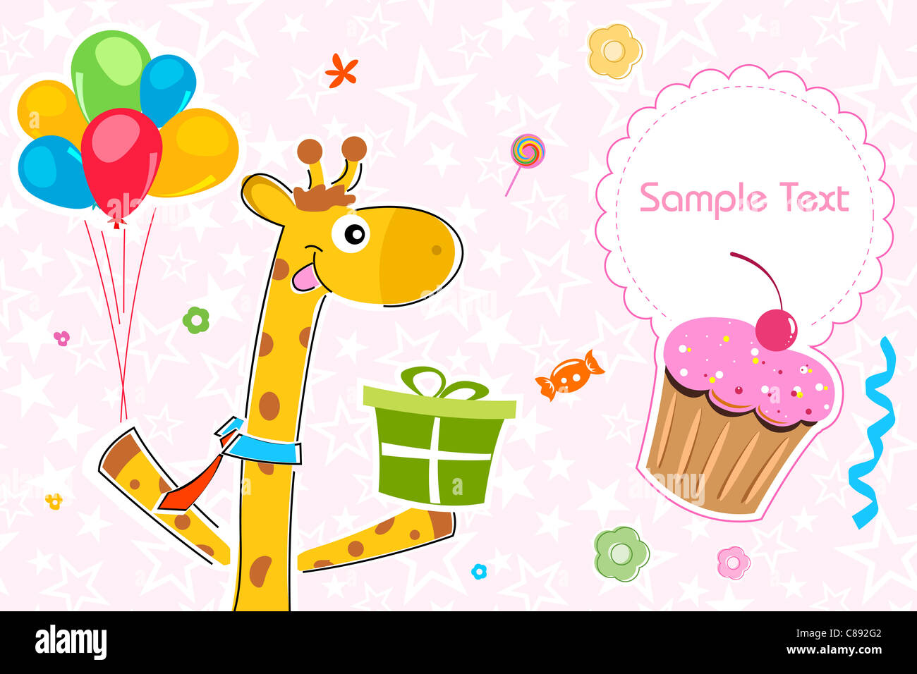 Illustrazione della giraffa con dono su sfondo di compleanno Foto Stock