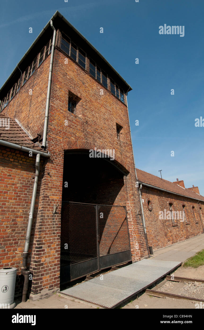 Ingresso del treno per Auschwitz II - Birkenau sterminio camp, Oswiecim, Polonia Foto Stock