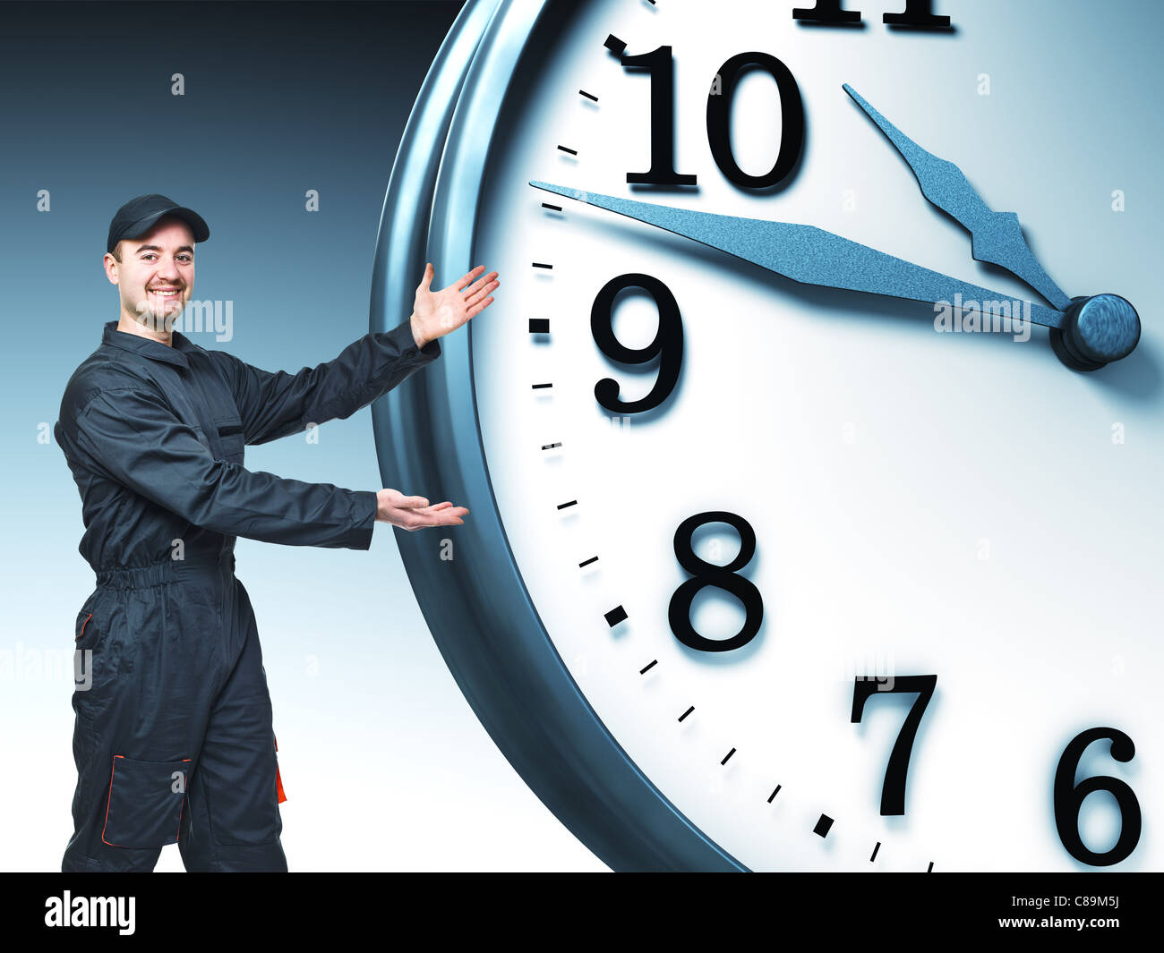 Manodopera sorridente mostra bog 3d orologio Foto Stock