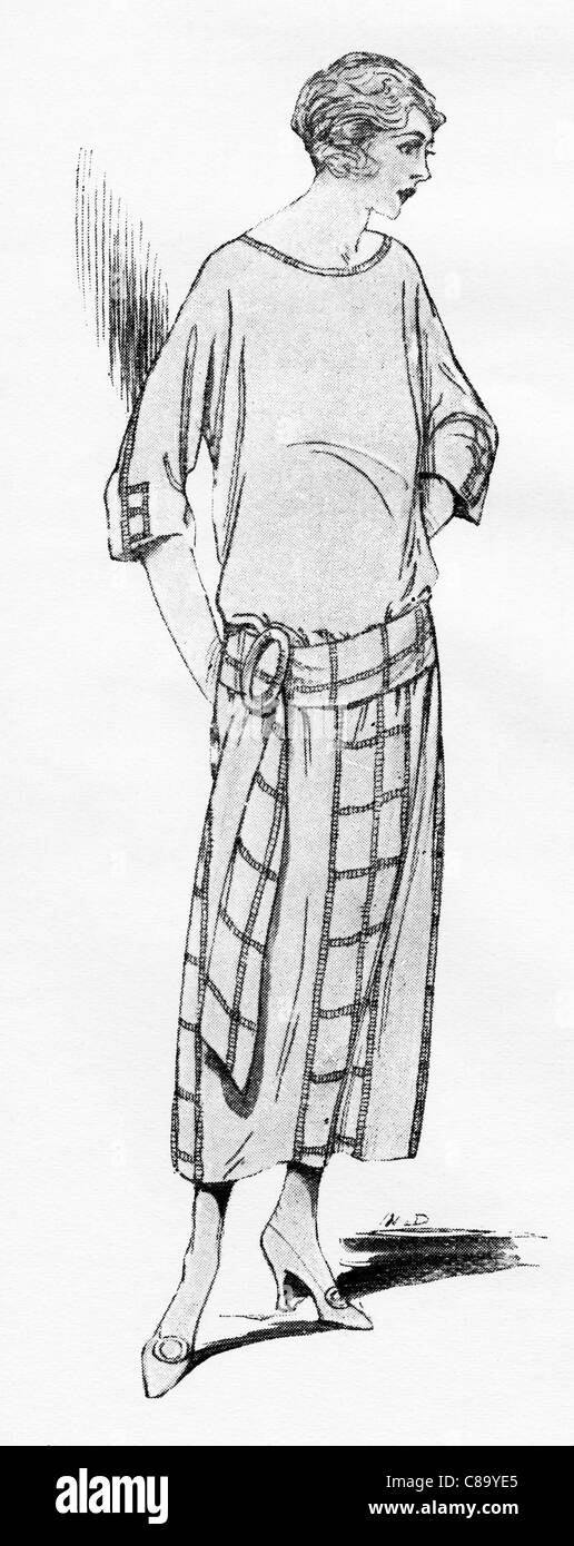 Illustrazione della moda circa 1922. Casa roccia di lana con cucitura fantasia seta. Foto Stock