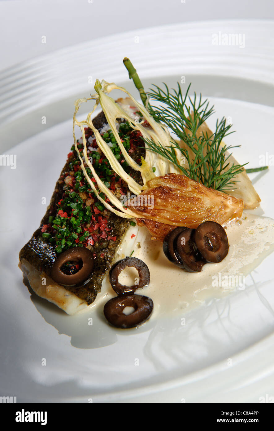 La Nouvelle Cuisine gourmet piatto di pesce Foto Stock