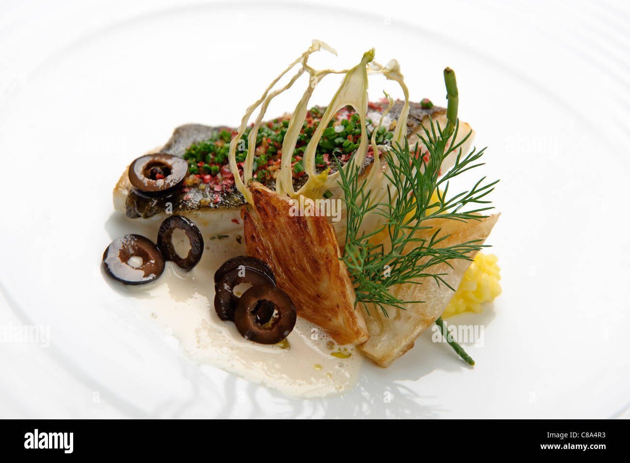 La Nouvelle Cuisine gourmet piatto di pesce Foto Stock