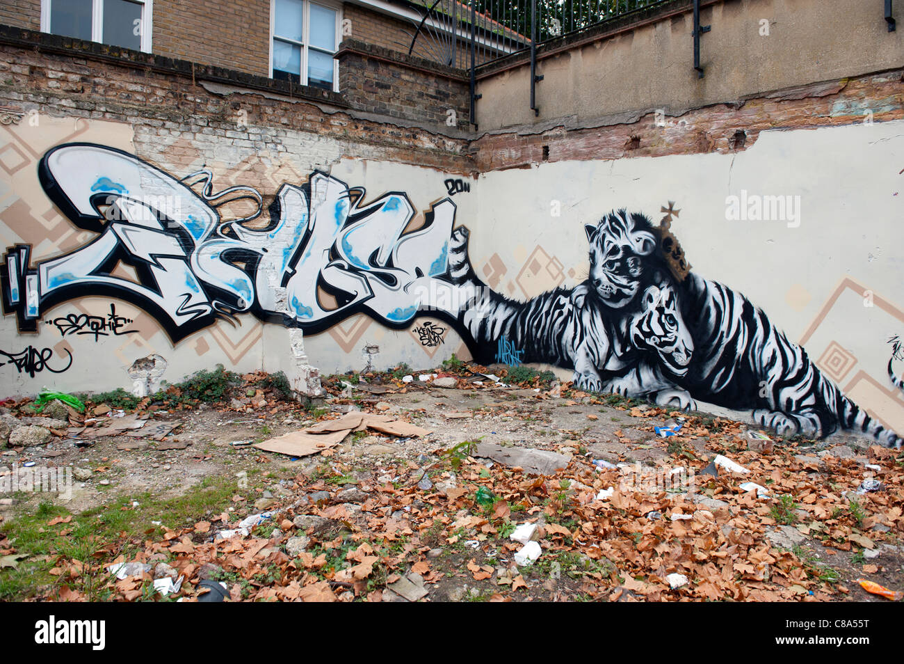 Arte di strada/graffiti sulle strade dell'east end di Londra, Regno Unito Foto Stock