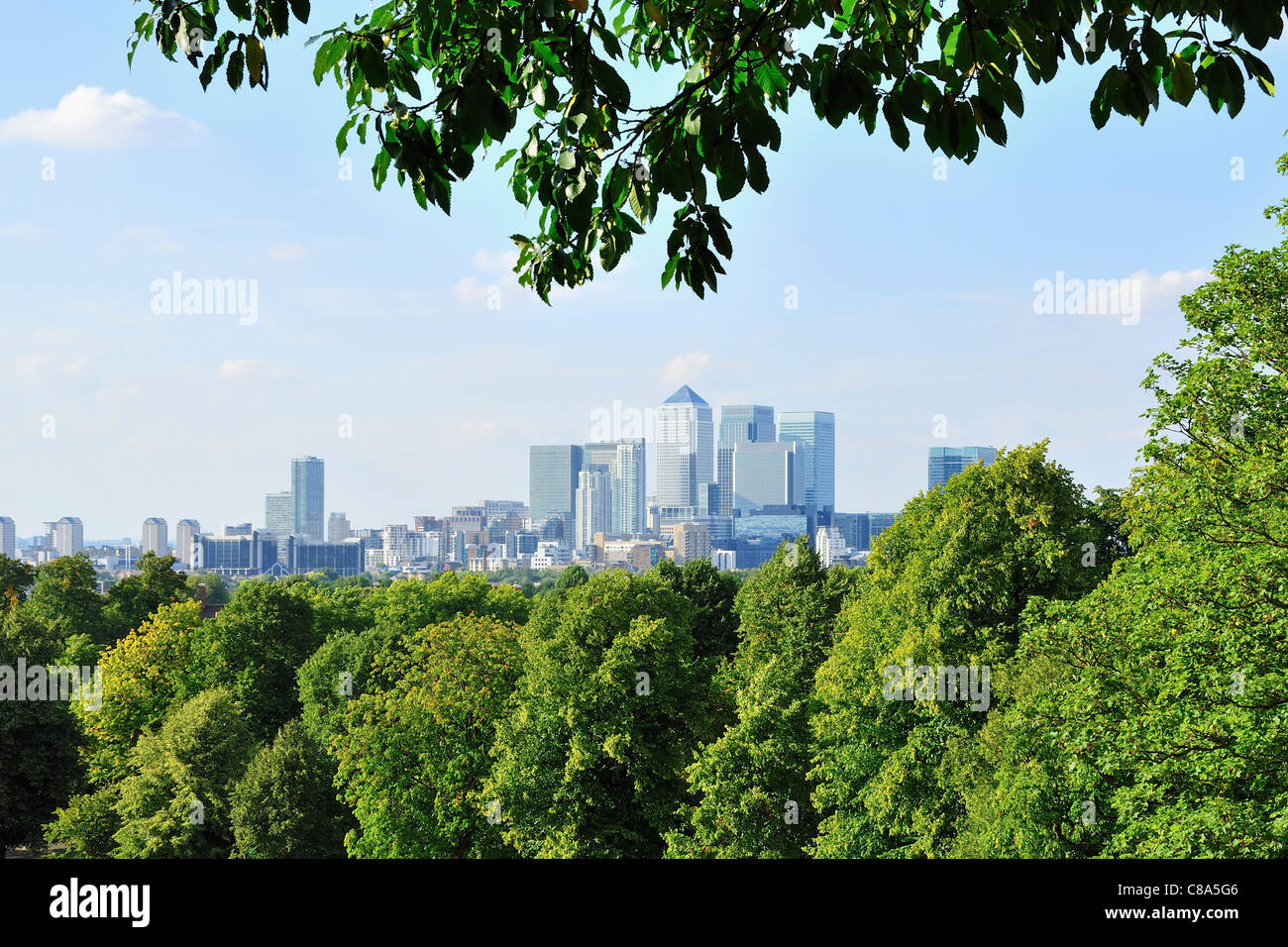 Canary Wharf skyline da Greenwich Park, Londra Foto Stock