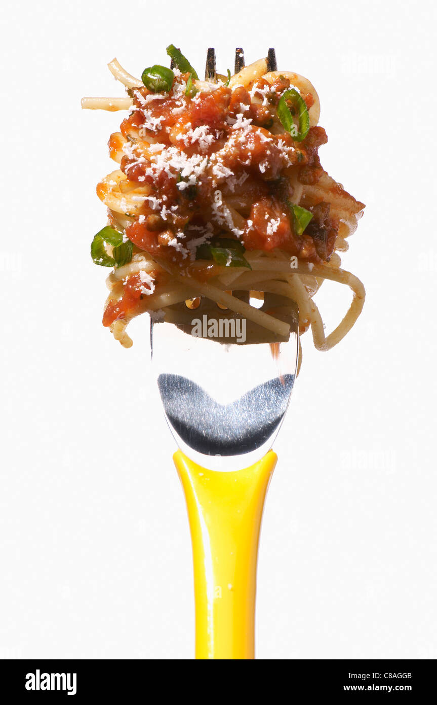 Forcella con spaghetti bolognese Foto Stock