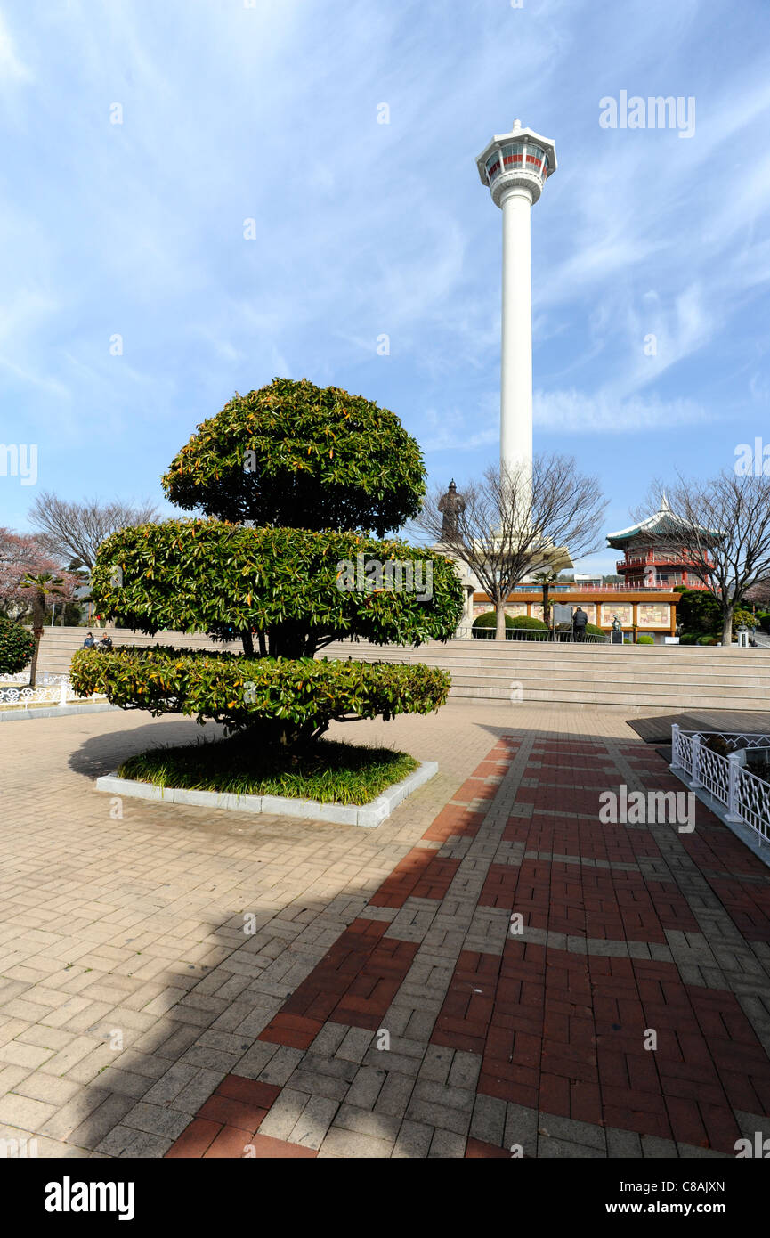 Busan Tower presso il Parco Yongdusan, Corea del Sud. Foto Stock