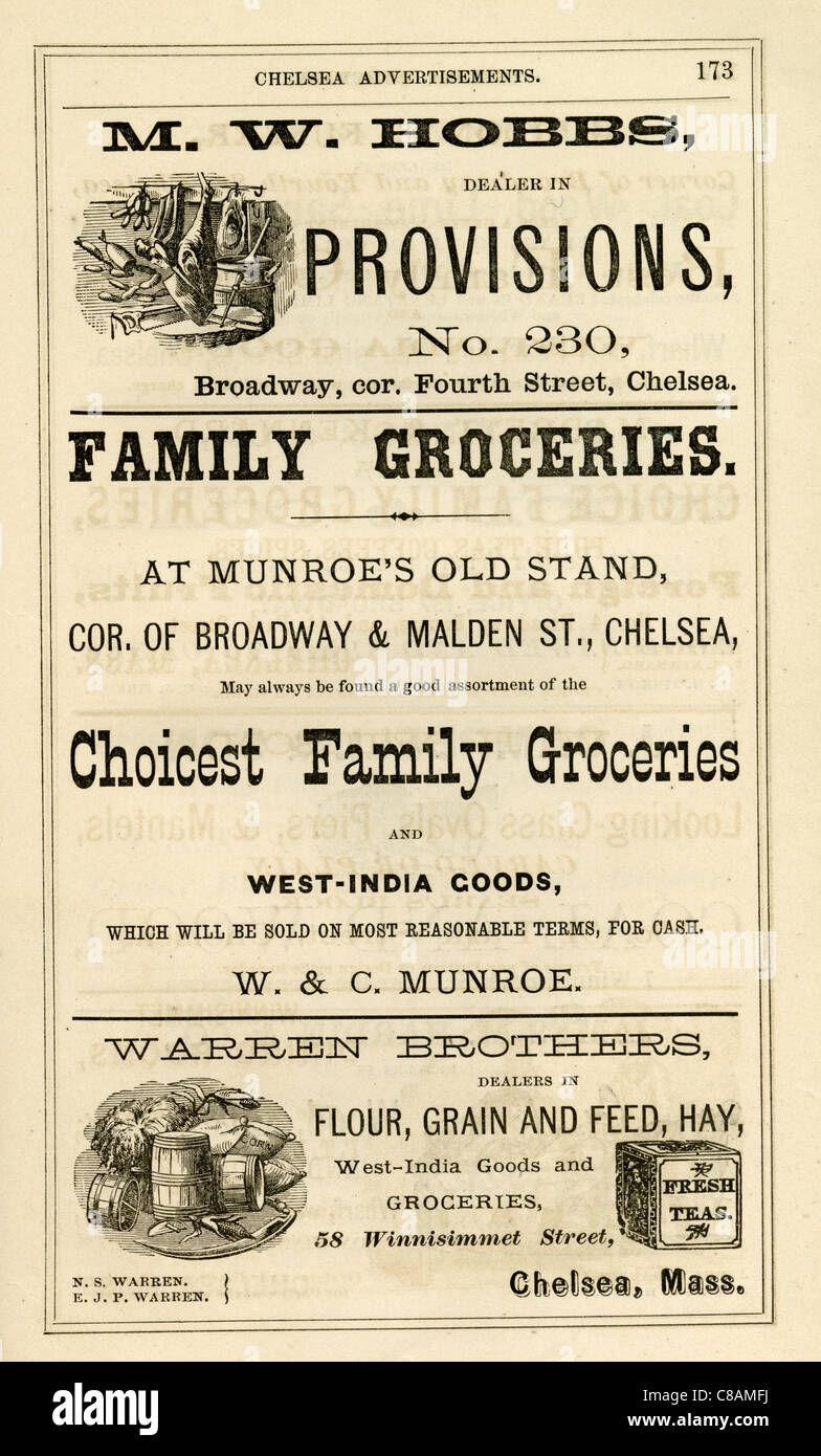 1870 annunci annunci da un Chelsea, MA city directory. Foto Stock