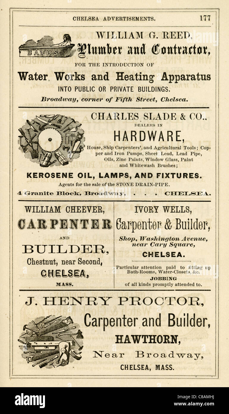 1870 annunci annunci da un Chelsea, MA city directory. Foto Stock