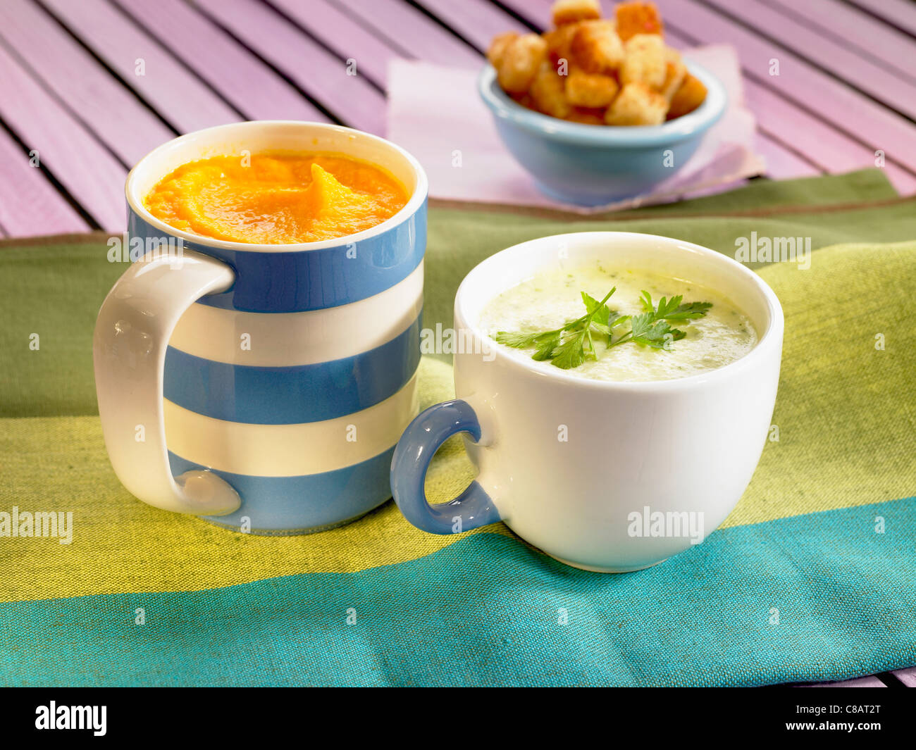 Purea di zucca ,crema di porri e arancione Foto Stock