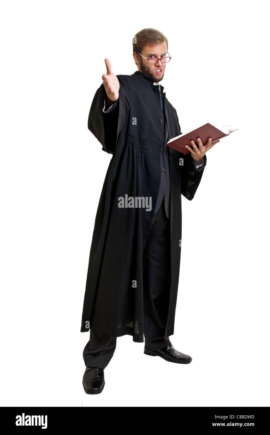 Giovane avvocato vestito con una toga isolato in bianco Foto stock