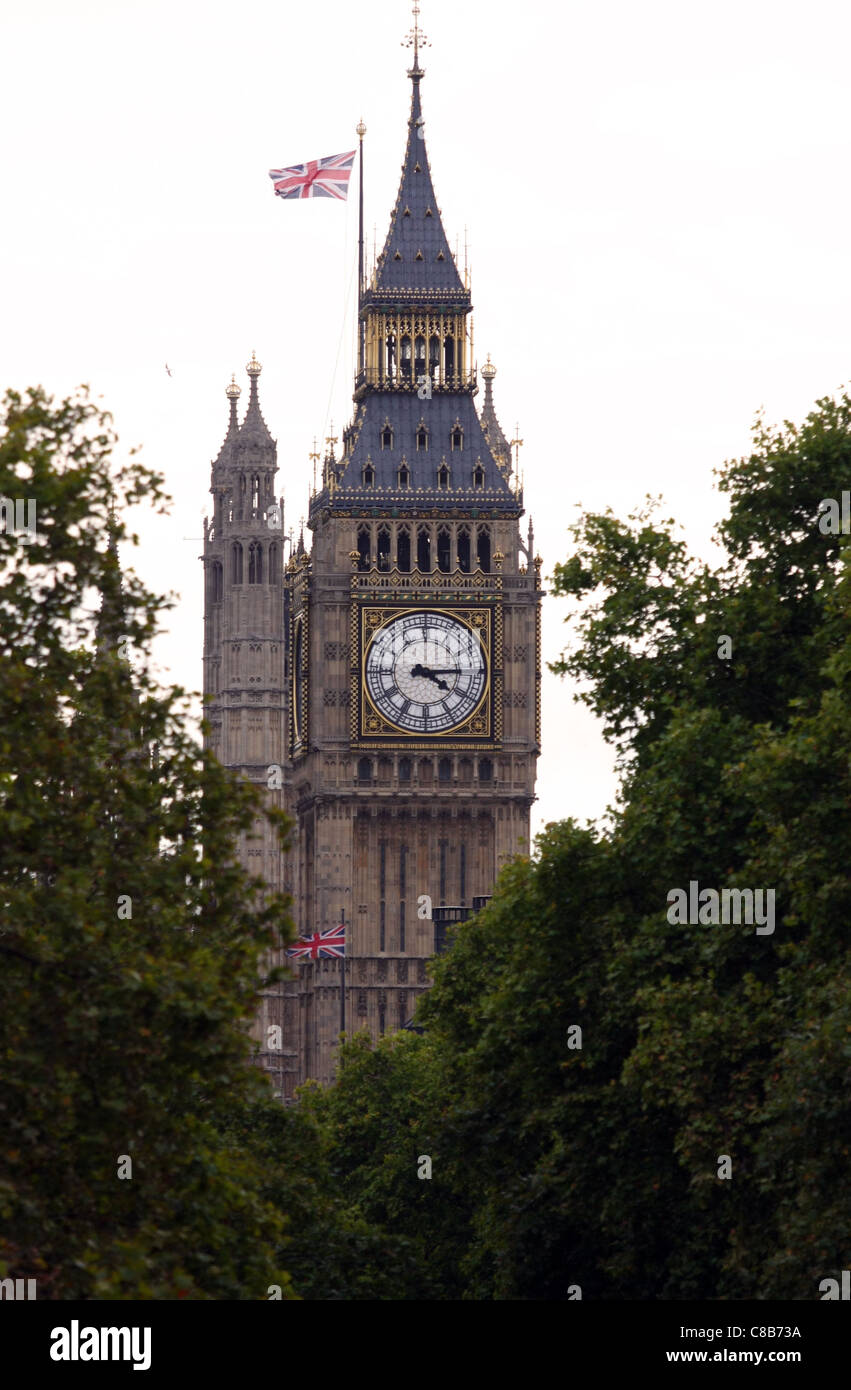 Una vista attraverso gli alberi, del Big Ben di Londra Foto Stock