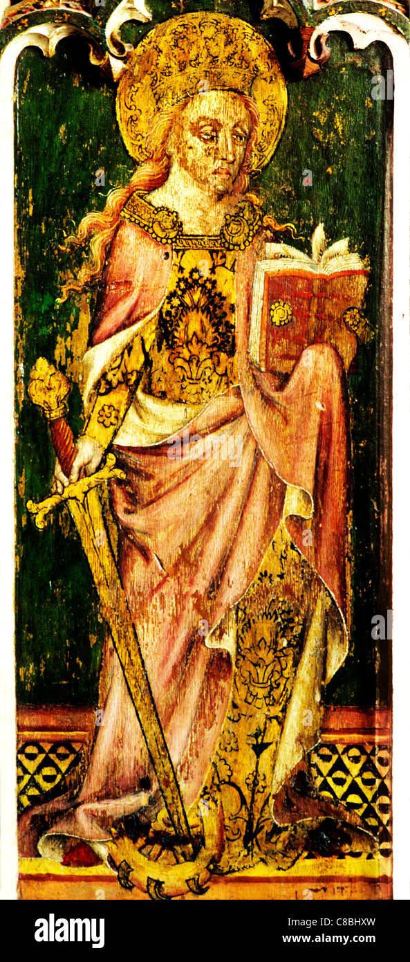 Filby, Norfolk, rood screen, Santa Caterina di Alessandria, spada, libro, femmina ruota saint santi inglese schermi medievale Foto Stock