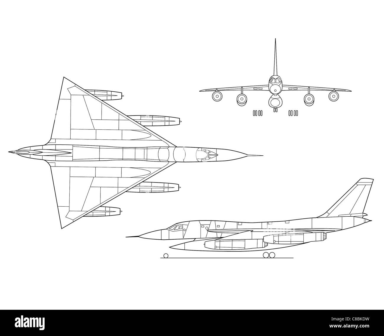 Il B-58 Hustler era un bombardiere strategico supersonico progettato dalla Convair per l'aeronautica degli Stati Uniti negli anni '1950 Questo disegno a 3 viste illustra il suo elegante design con alette delta. Foto Stock