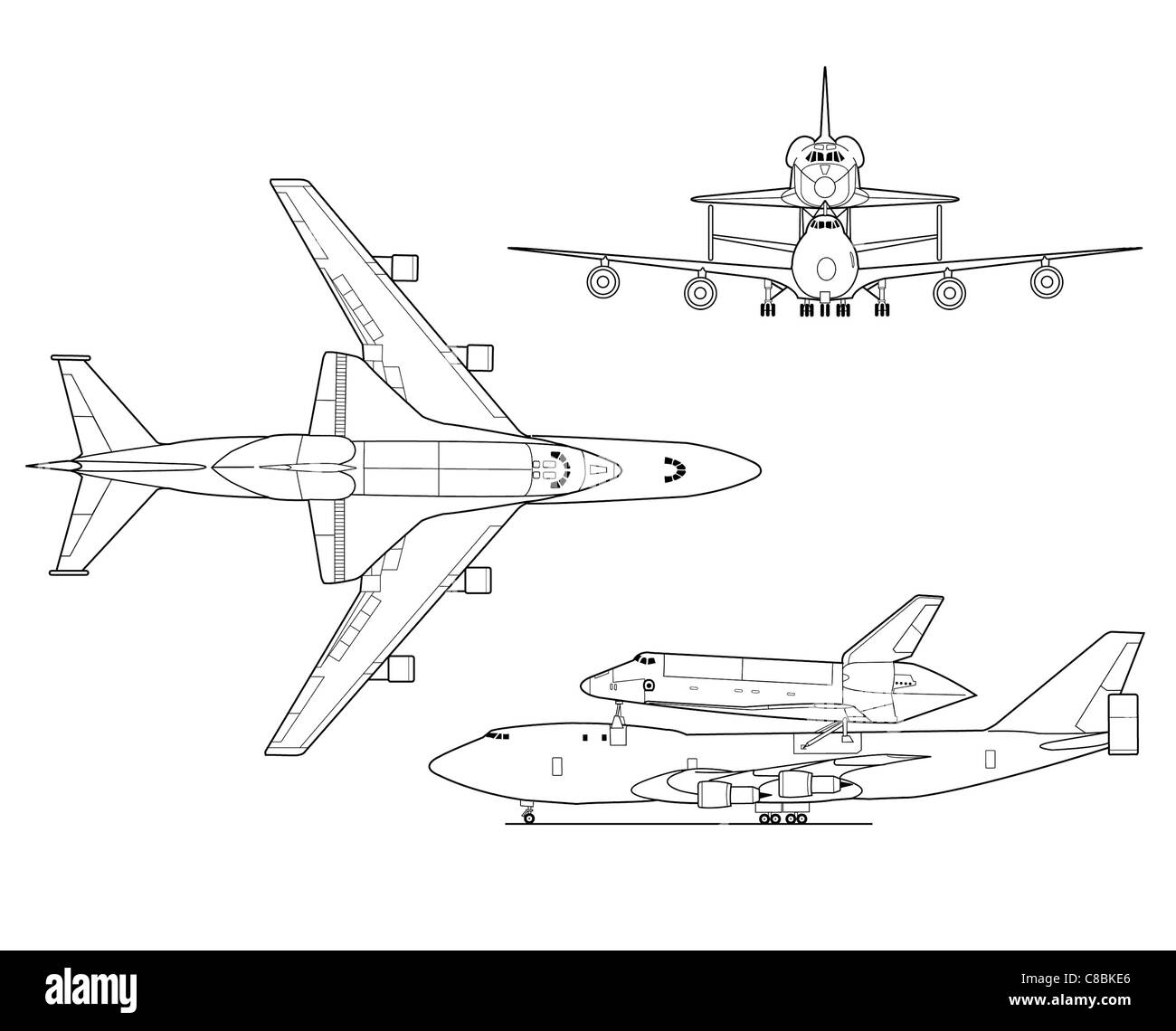 Questo è un disegno grafico che mostra il Boeing 747 Space Shuttle Carrier Aircraft, che è stato utilizzato per trasportare lo Space Shuttle della NASA. Il design dell'aereo presenta una fusoliera superiore modificata per trasportare lo Shuttle in cima. Foto Stock