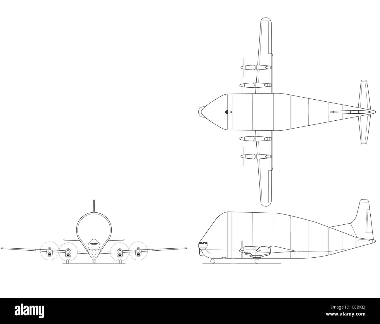 Questo disegno raffigura il B377SG Super Guppy, un velivolo cargo di grandi dimensioni progettato per il trasporto di carichi di grandi dimensioni. Conosciuto per la sua fusoliera sporgente, il Super Guppy è stato ampiamente utilizzato dalla NASA e da altre organizzazioni per trasportare carichi utili grandi e insoliti. Foto Stock