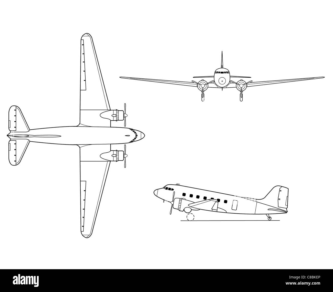 Questo disegno a tre viste illustra il C-47/R4D Skytrain, un aereo da trasporto militare ampiamente utilizzato durante la seconda guerra mondiale per operazioni e logistica di bordo. Foto Stock