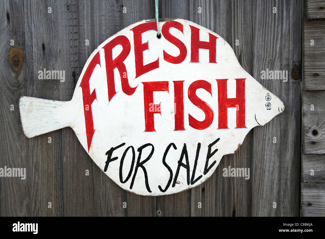 Dipinto a mano, 'Pesce Fresco in vendita", segno nella forma di un piatto di pesce, al di fuori del pescatore shack sulla spiaggia di Aldeburgh, Suffolk Foto Stock