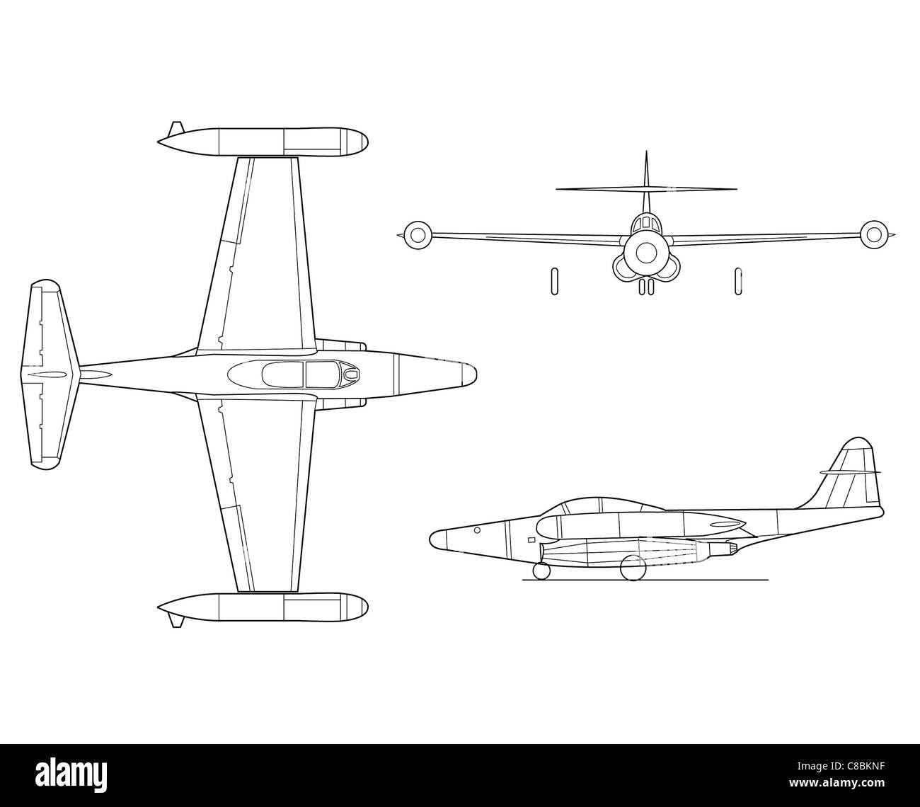 Un disegno grafico che raffigura l'aereo F-89 da tre viste diverse. L'illustrazione mostra il design e la struttura dell'aeromobile con particolare attenzione alle sue caratteristiche principali e alla forma complessiva. Foto Stock