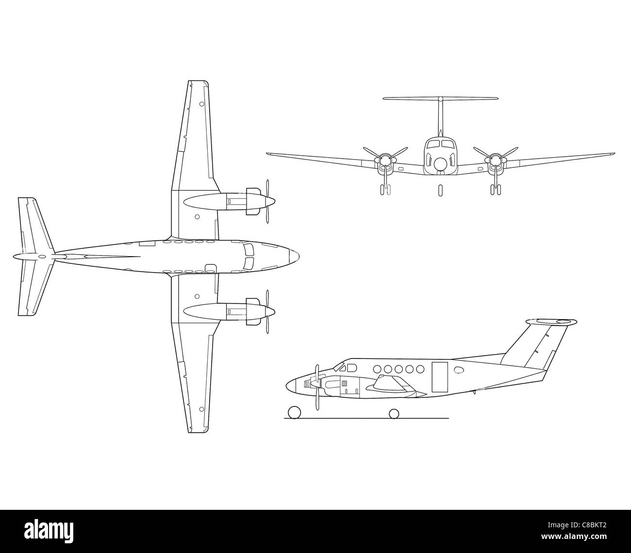 Il KingAir-B200 è raffigurato in questo disegno line art, che mostra il suo design compatto a doppia turboelica. L'aereo è noto per la sua versatilità ed è spesso utilizzato sia in ruoli commerciali che militari, tra cui il trasporto e la ricognizione. Foto Stock