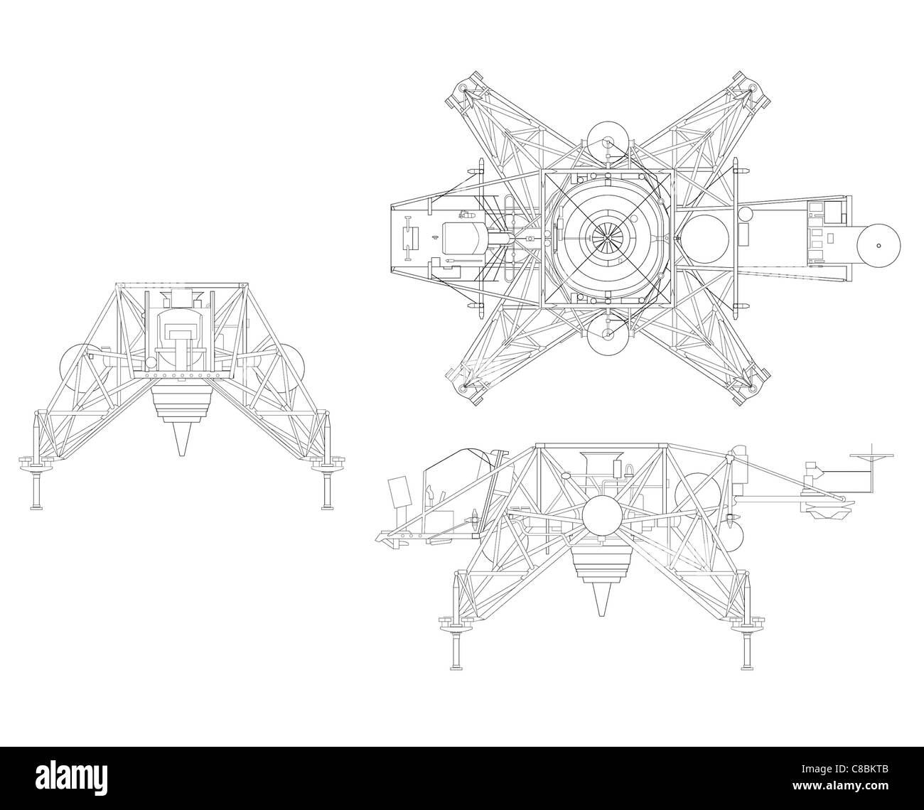 Il veicolo LLRV (Lunar Landing Research Vehicle) è raffigurato in un disegno a tre viste. Questo veicolo è stato utilizzato dalla NASA per simulare gli atterraggi lunari ed è stato fondamentale nello sviluppo del programma Apollo. Foto Stock