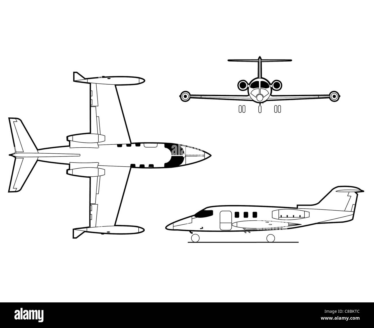 Il Learjet è un popolare velivolo a reazione privato noto per il suo lusso, la velocità e le prestazioni. Questo disegno di disegno presenta tre viste del Learjet, evidenziandone il design elegante e le caratteristiche aerodinamiche. Rimane la scelta preferita dai viaggiatori d'affari e dai privati che cercano viaggi aerei veloci ed efficienti. Foto Stock