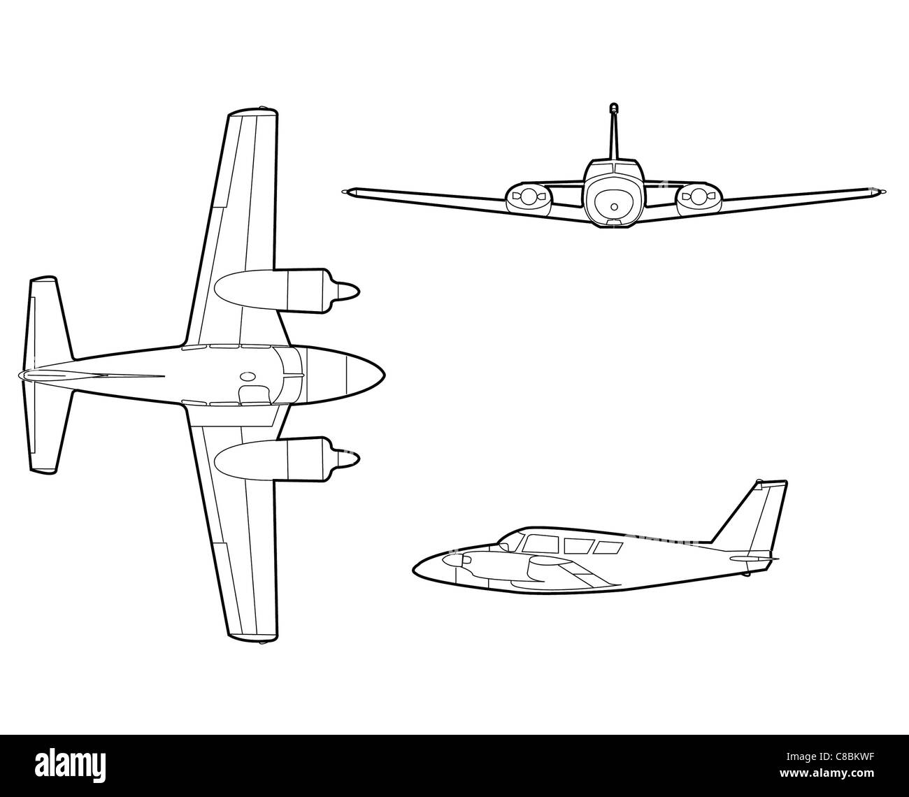 Il PA-30 Twin Comanche è un aereo leggero bicilindrico noto per le sue prestazioni ed efficienza. Questo disegno grafico presenta il suo design elegante e aerodinamico, mettendo in risalto motori, ali e struttura della fusoliera. Foto Stock