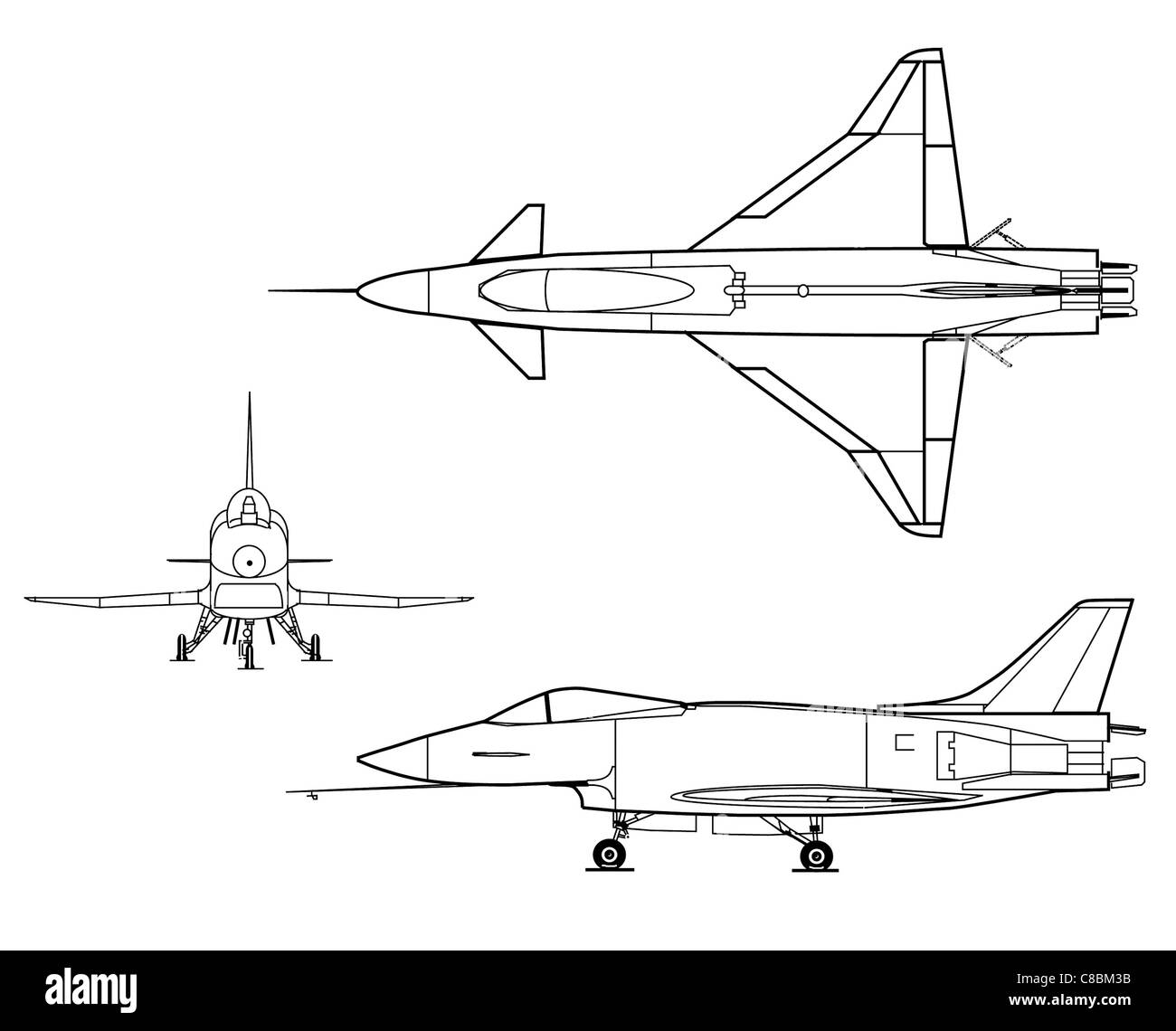Un disegno grafico dell'X-31A, un distintivo velivolo sperimentale progettato per testare capacità di volo avanzate. Questo design mostra l'esclusiva forma angolare e le caratteristiche aerodinamiche dell'aereo. Foto Stock