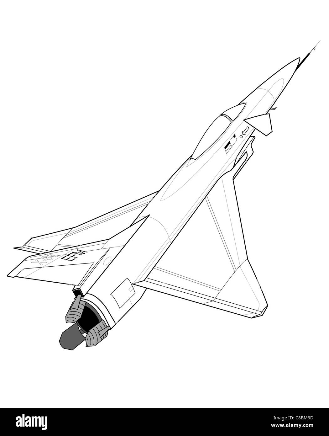 Un disegno a tre viste dell'X-31A, un aereo sperimentale sviluppato per testare la spinta vettoriale e tecnologie avanzate di controllo del volo. Il design ha contribuito alle innovazioni dei moderni aerei da caccia. Foto Stock