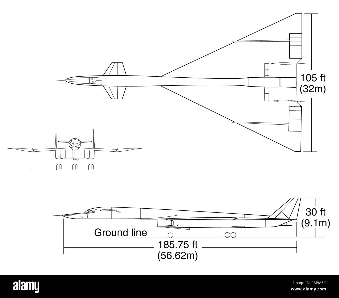 Un disegno a tre viste del North American XB-70A Valkyrie, un bombardiere strategico supersonico sviluppato dagli Stati Uniti durante la Guerra fredda. Foto Stock