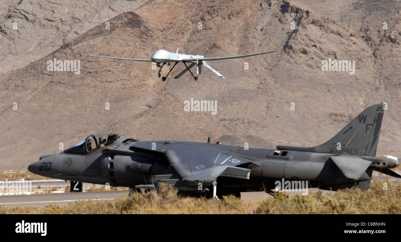 Un U.S. Marine Corps AV-8B Harrier attende come un MQ-1 Predator atterra a Creech Air Force Base Foto Stock