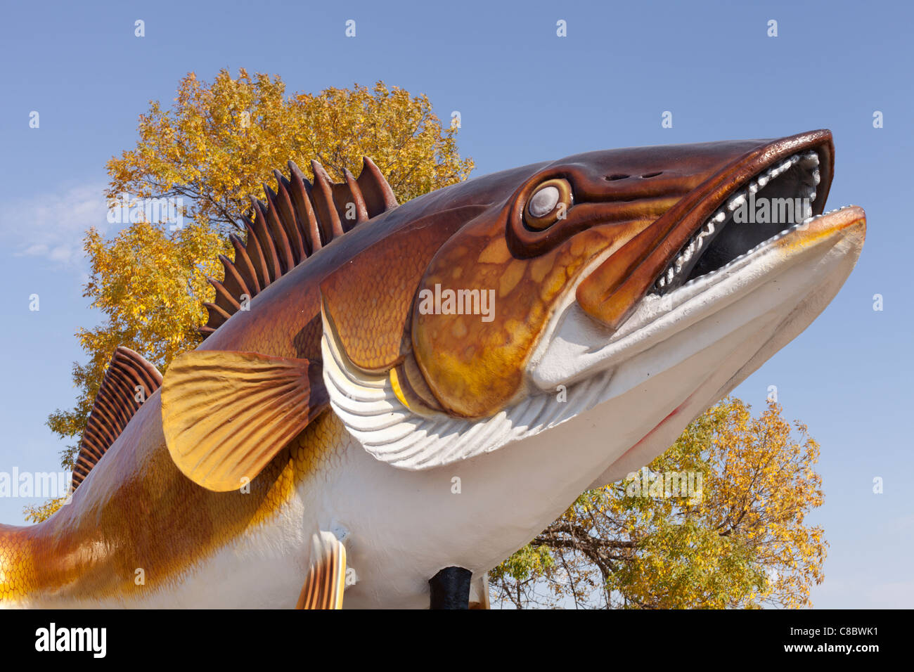 Una gigantesca scultura walleye sulla riva del lago di Mille Lacs in guarnigione, Minnesota. Foto Stock