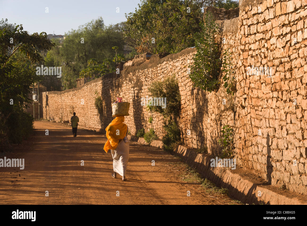 Elk200-4187 Etiopia, Harar, città vecchia, scena di strada al di fuori le mura della città, donna cestello di trasporto sulla testa Foto Stock