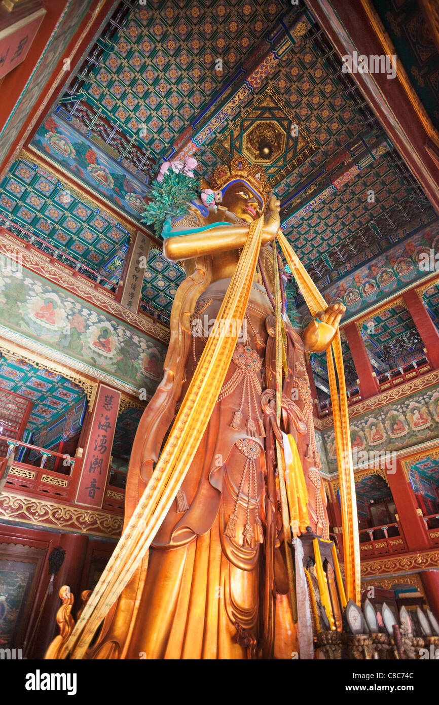 Cina, Pechino, Lama tibetano tempio o Yonghe Gong, Padiglione Wanfu, 18 metro alta statua di Buddha Maitreya Foto Stock