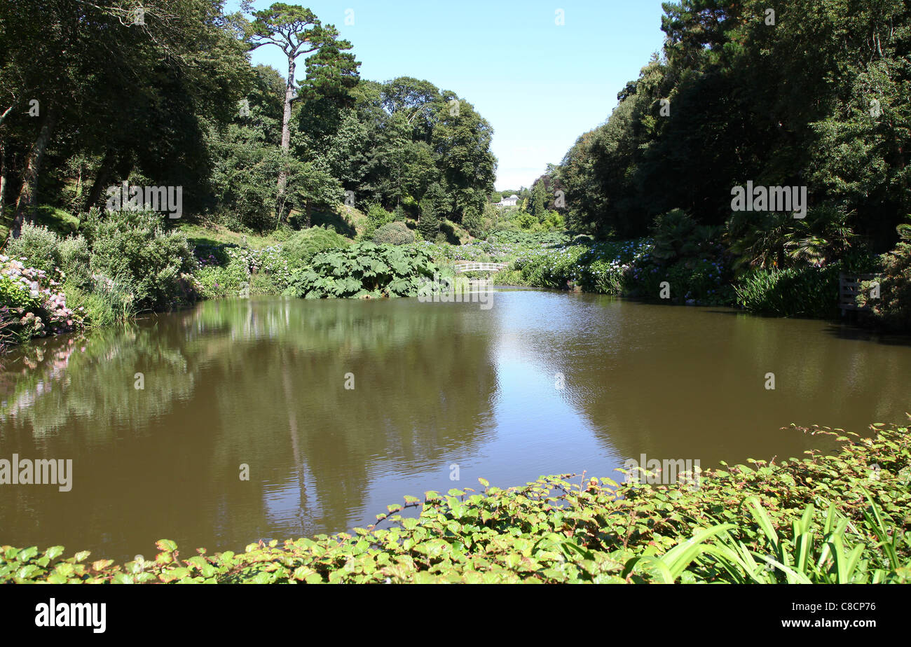 Il lago, a piedi il ponte e la casa a Trebah Gardens, MAWNAN SMITH, Nr Colchester, West Country, England, Regno Unito Foto Stock