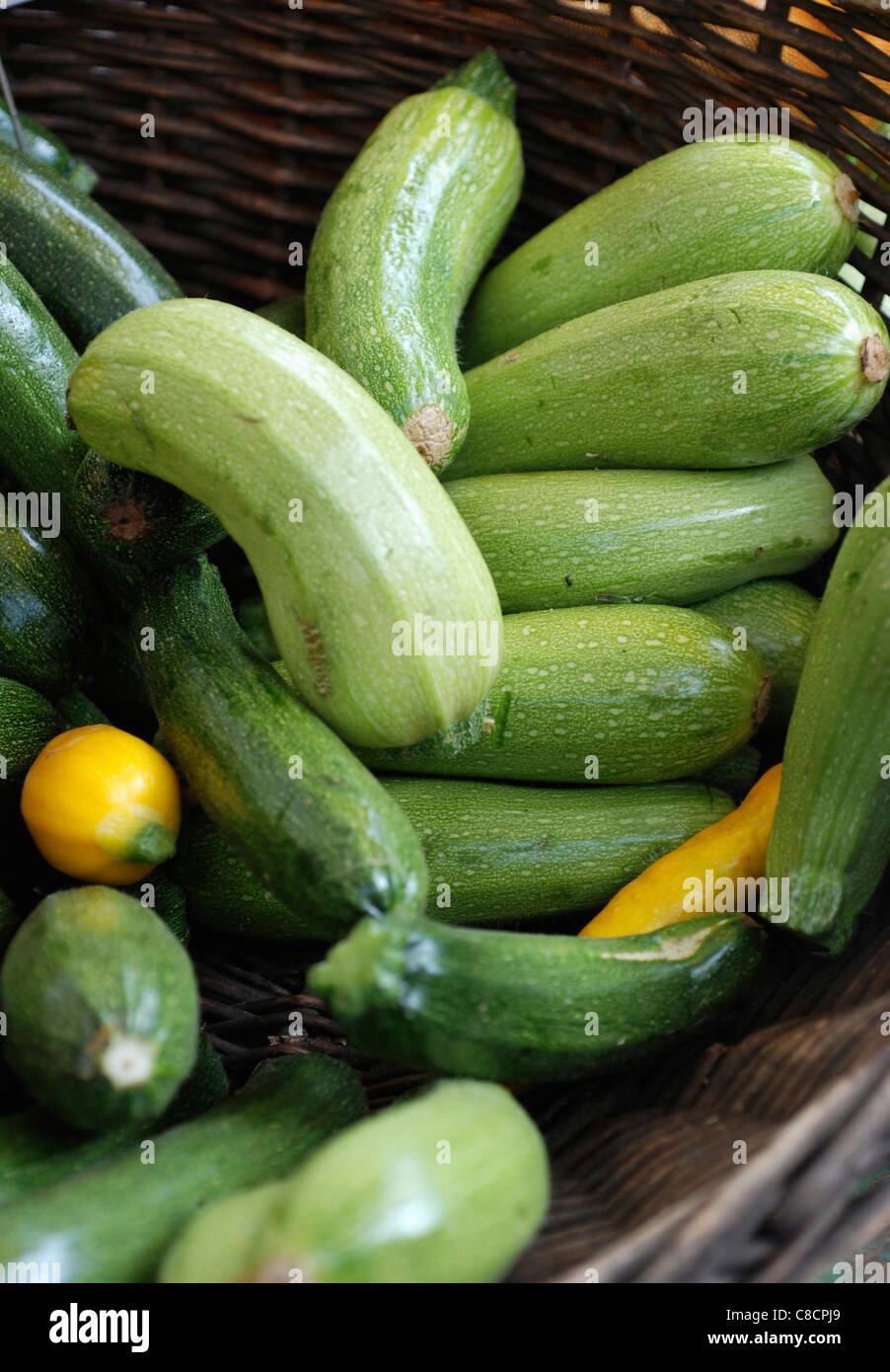 Cesto di zucchine al mercato Foto Stock