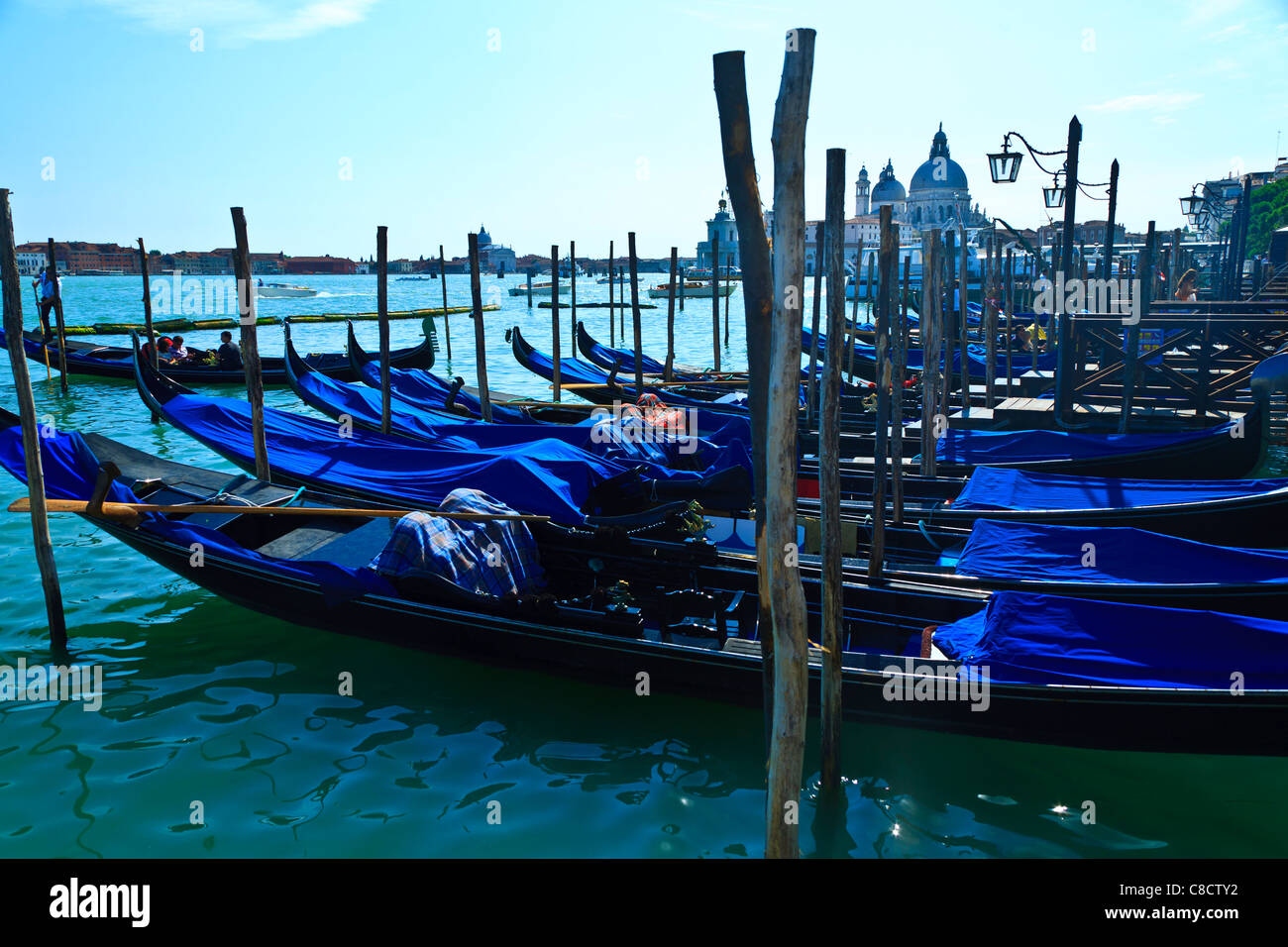 Gondole attraccate al poli di ormeggio Piazza San Marco Venezia Italia Foto Stock