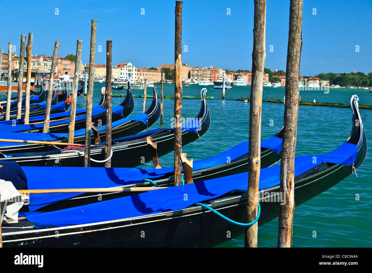 Gondole attraccate al poli di ormeggio Piazza San Marco Venezia Italia Foto Stock