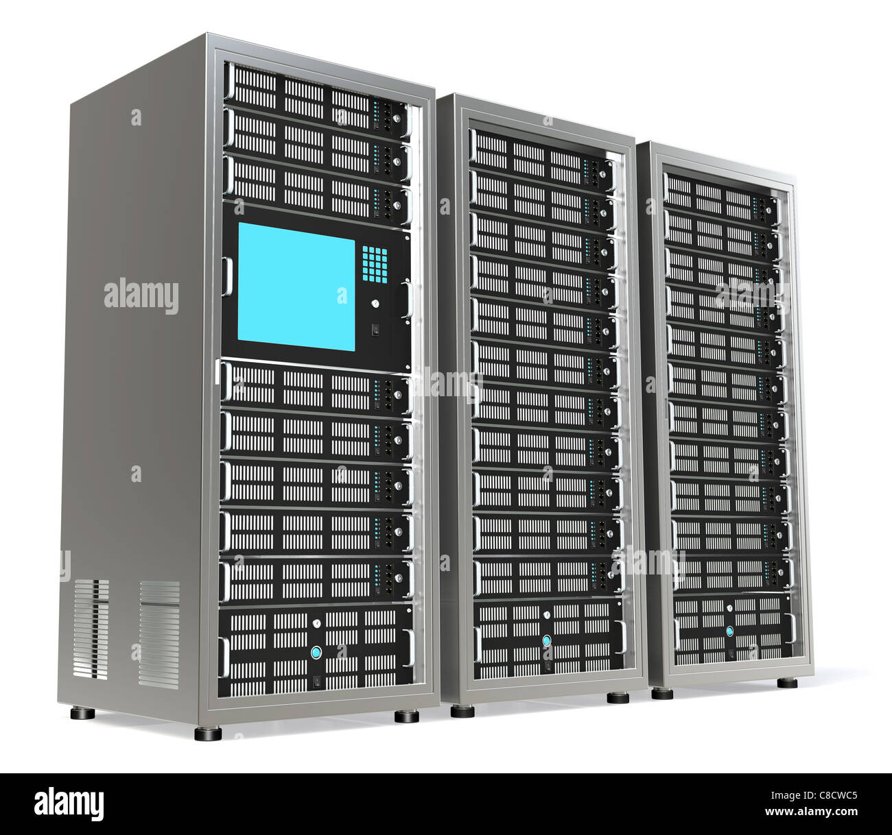 3 rack per server. Uno con un monitor montato. Foto Stock