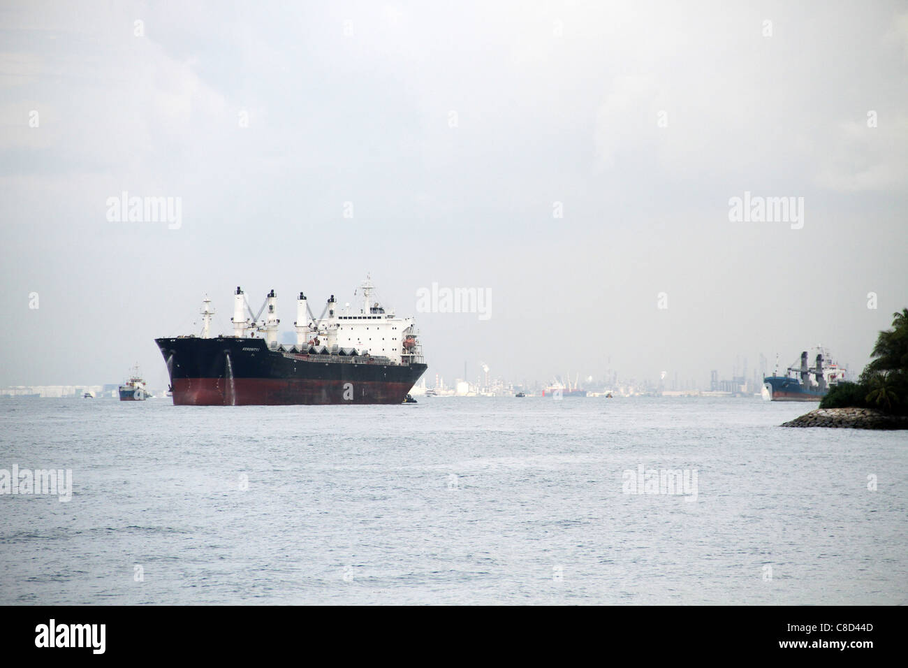 Navi container vicino al porto di Singapore, sul Mare del Sud della Cina, Singapore Foto Stock