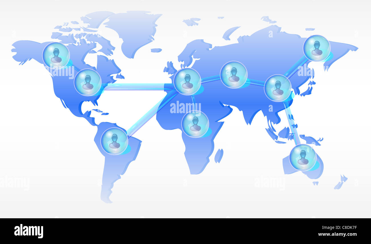 Diverse persone in social media network sulla mappa del mondo Foto Stock