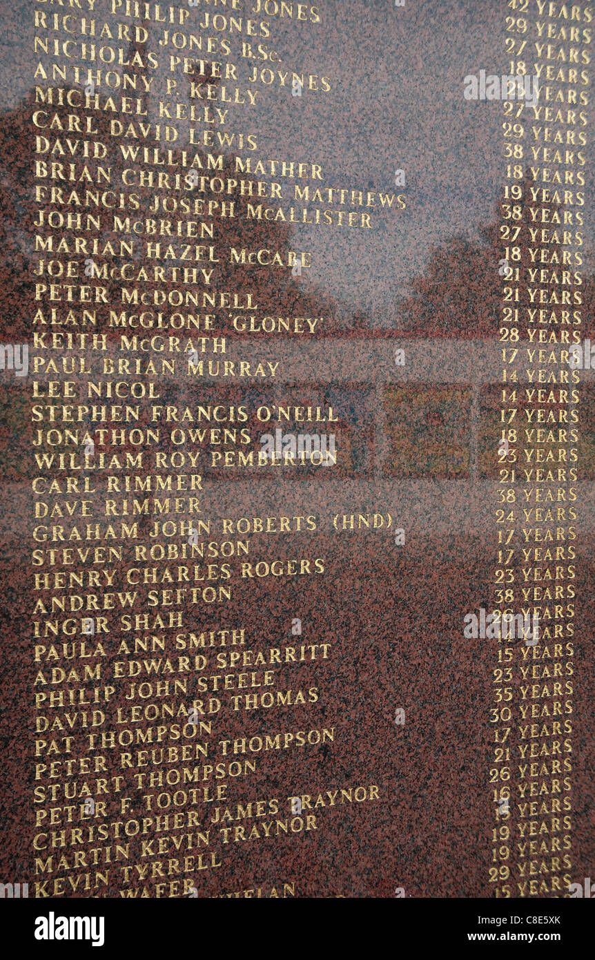 Alcuni nomi sul disastro di Hillsborough memorial (accanto al Anfield Road gates) ad Anfield, Liverpool Football Club. Foto Stock