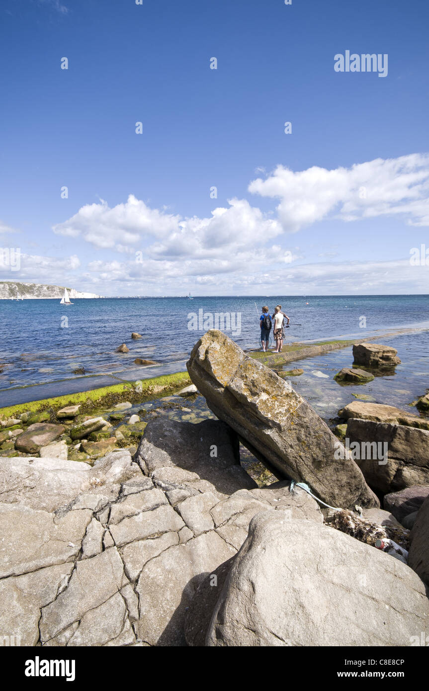 Ragazzi la pesca sulle rocce al punto: Peveril, Swanage, Isle of Purbeck, Dorset, England, Regno Unito Foto Stock